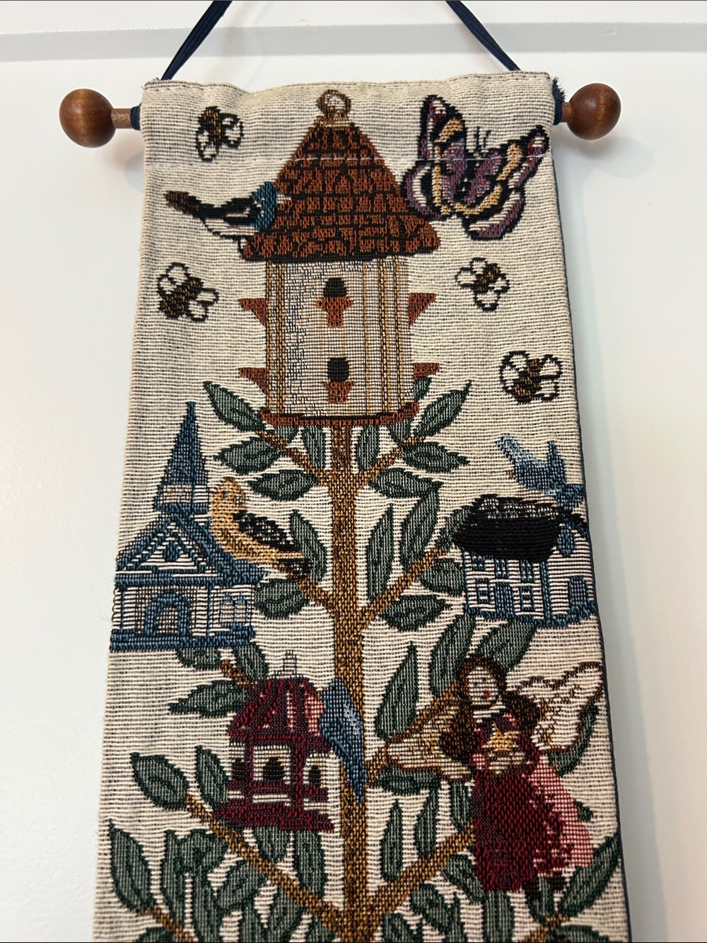 Birdhouse bell pull tapestry art for wall accent